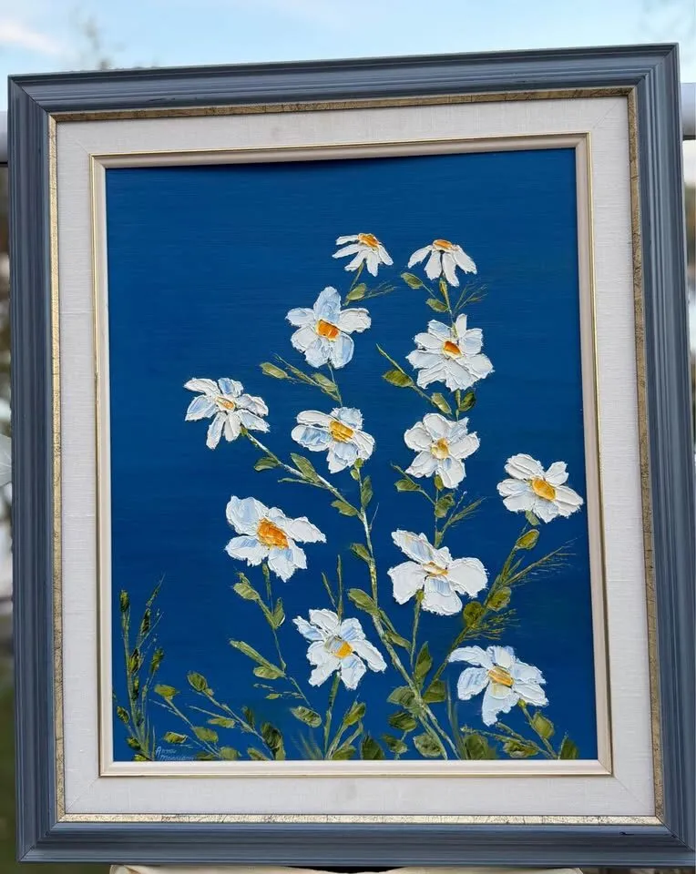 Large Vintage 1970s Floral Oil Painting Signed Anna Morrison - Blue Daisies - photo 4