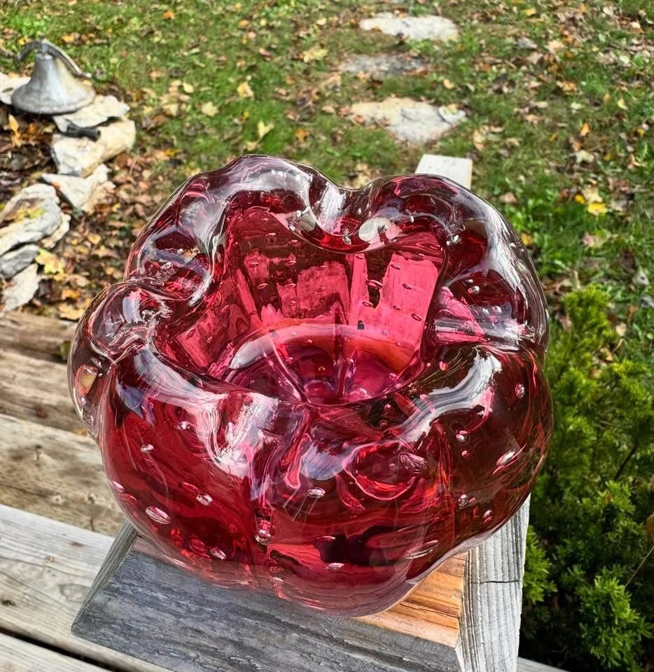 Vintage Murano Ruby Red Bullicante Art Glass Bowl / Ashtray - photo 2