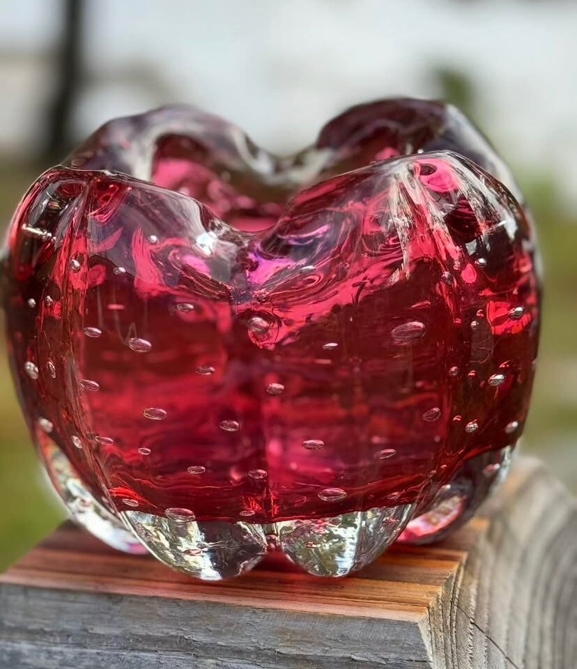 Vintage Murano Ruby Red Bullicante Art Glass Bowl / Ashtray - photo 4