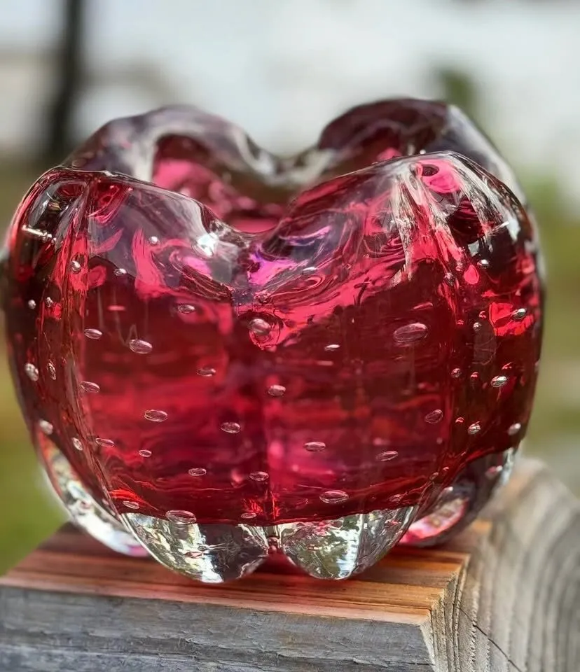 Vintage Murano Ruby Red Bullicante Art Glass Bowl / Ashtray - photo 4