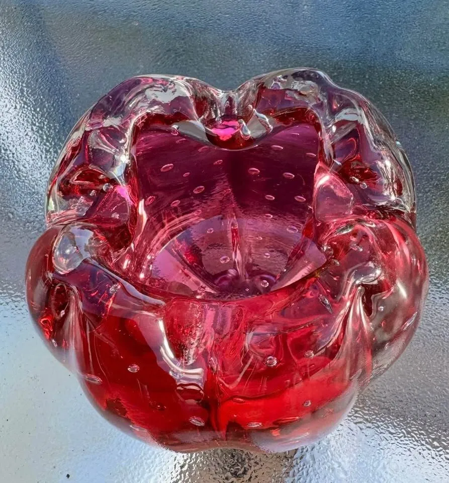 Vintage Murano Ruby Red Bullicante Art Glass Bowl / Ashtray - photo 7