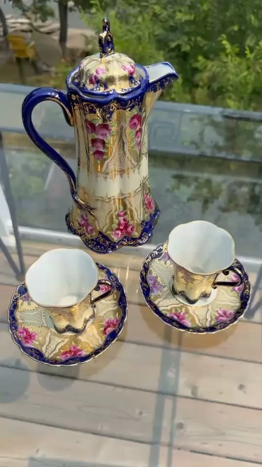 Antique Nippon Style Porcelain Chocolate Pot Set - Cobalt & Gold Gilt - photo 1