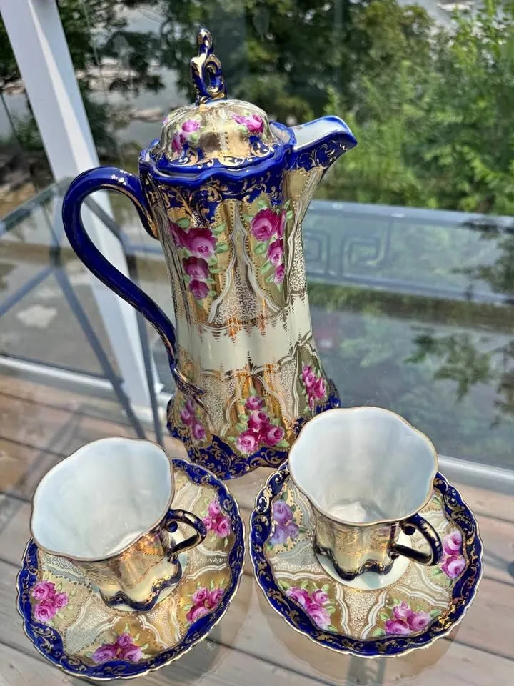 Antique Nippon Style Porcelain Chocolate Pot Set - Cobalt & Gold Gilt - photo 2
