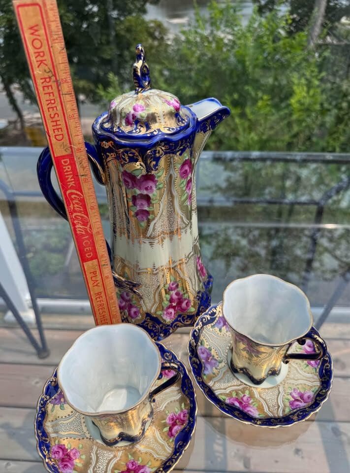 Antique Nippon Style Porcelain Chocolate Pot Set - Cobalt & Gold Gilt - photo 3