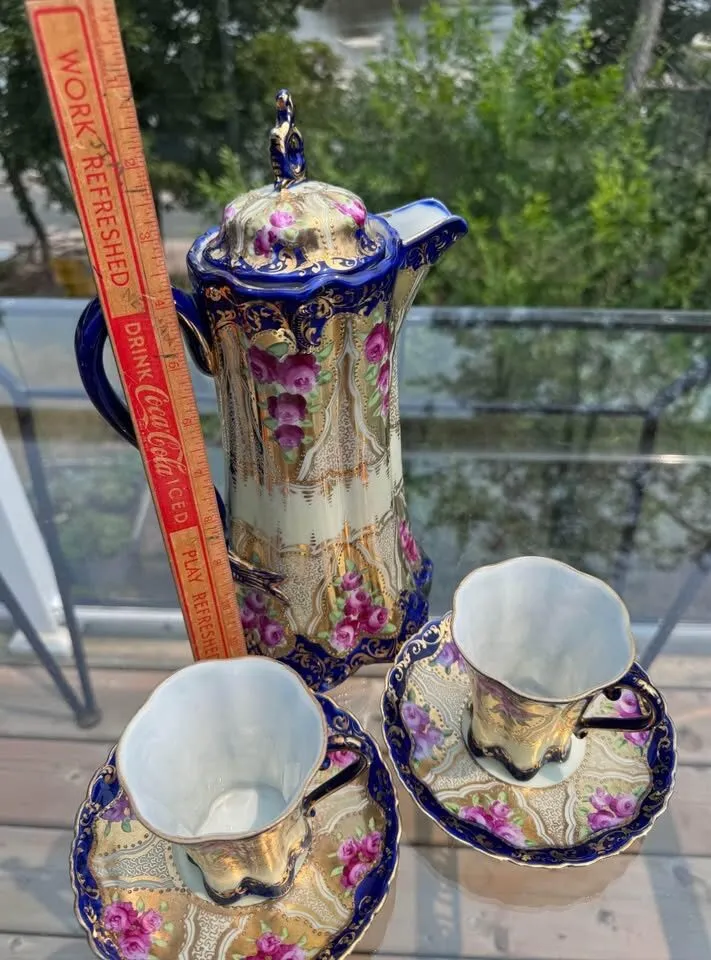 Antique Nippon Style Porcelain Chocolate Pot Set - Cobalt & Gold Gilt - photo 3