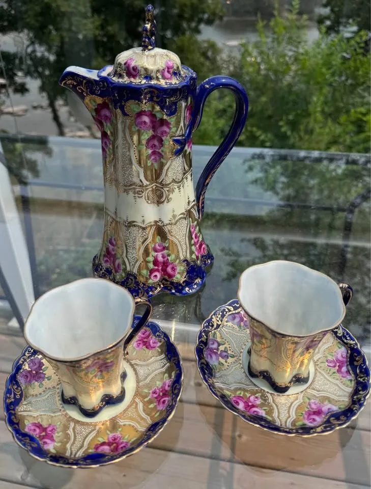 Antique Nippon Style Porcelain Chocolate Pot Set - Cobalt & Gold Gilt - photo 9