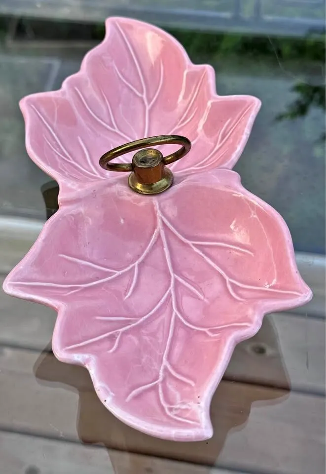 Vintage Mid-Century Pink Ceramic Leaf Candy Dish with Brass Handle - photo 1