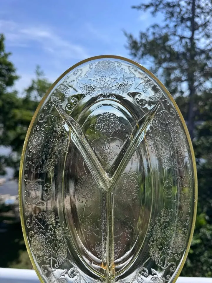 Vintage 1930s Hazel-Atlas Yellow Depression Glass Divided Platter - Florentine Poppy - photo 2