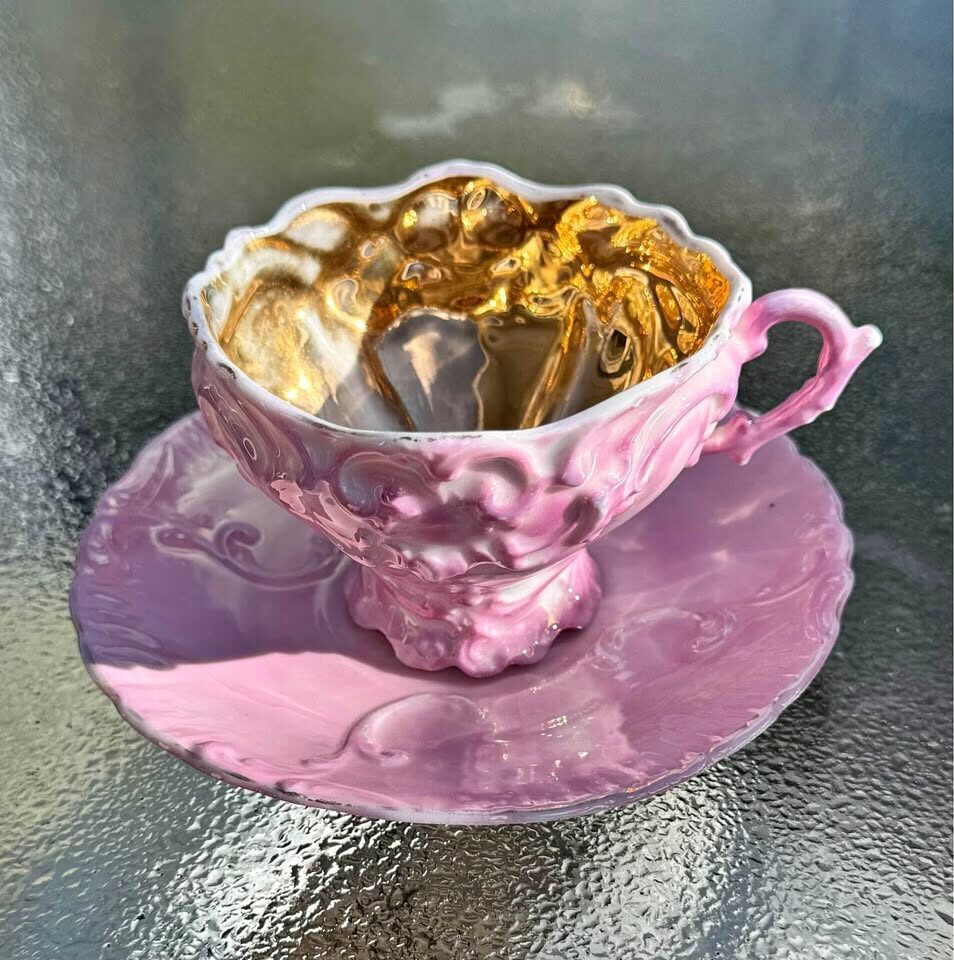 Victorian Pink Luster & Gold Rococo Revival Teacup and Saucer - photo 1