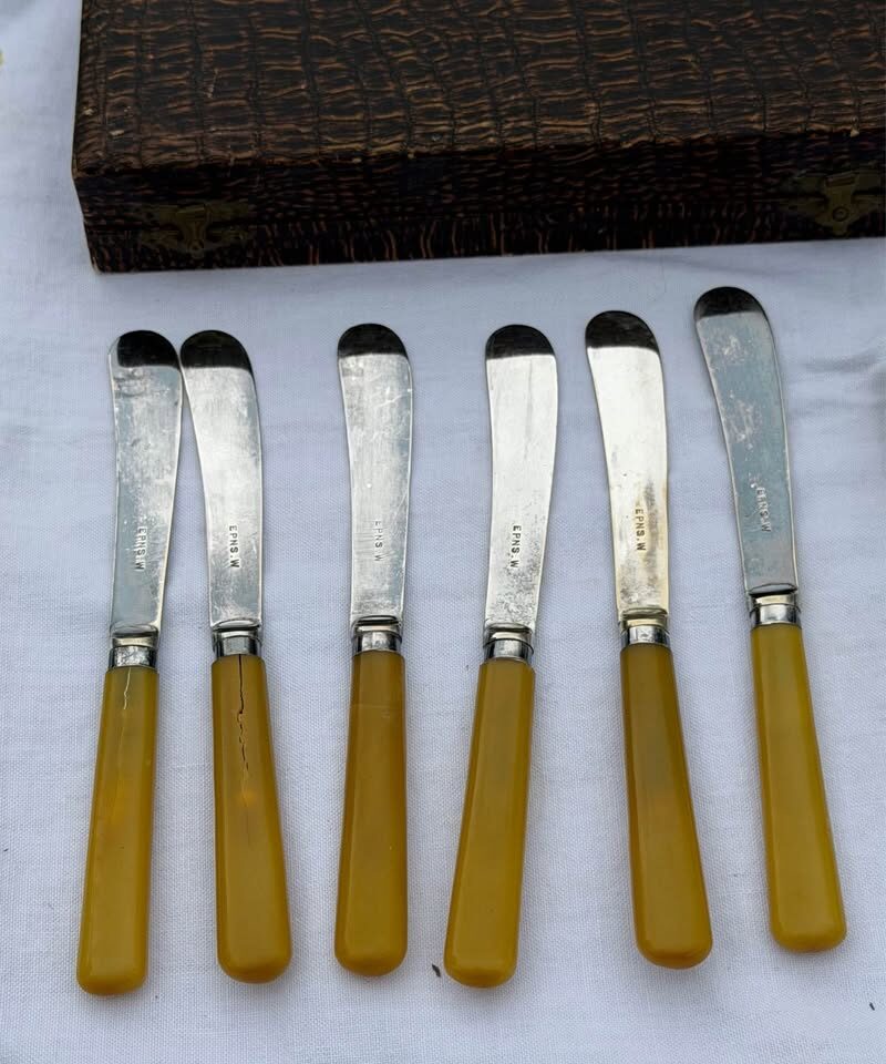 Vintage English Silverware Set - 6 Apostle Spoons, Tongs & 6 Tea Knives with Sterling Silver Bands - photo 7