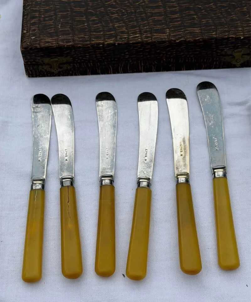 Vintage English Silverware Set - 6 Apostle Spoons, Tongs & 6 Tea Knives with Sterling Silver Bands - photo 7