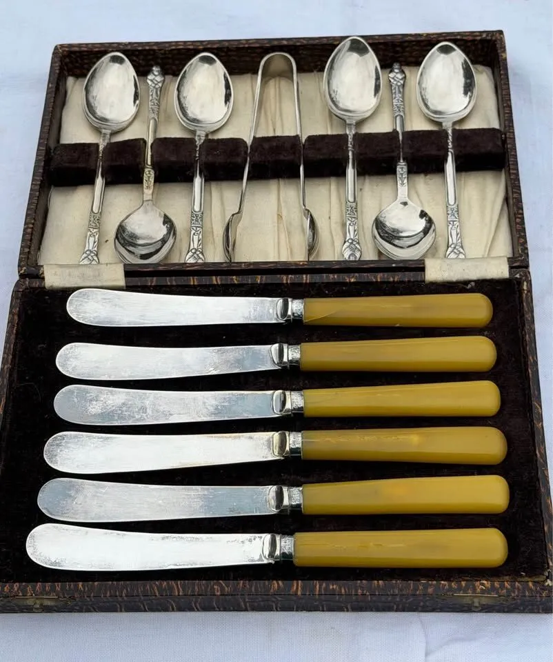 Vintage English Silverware Set - 6 Apostle Spoons, Tongs & 6 Tea Knives with Sterling Silver Bands - photo 9