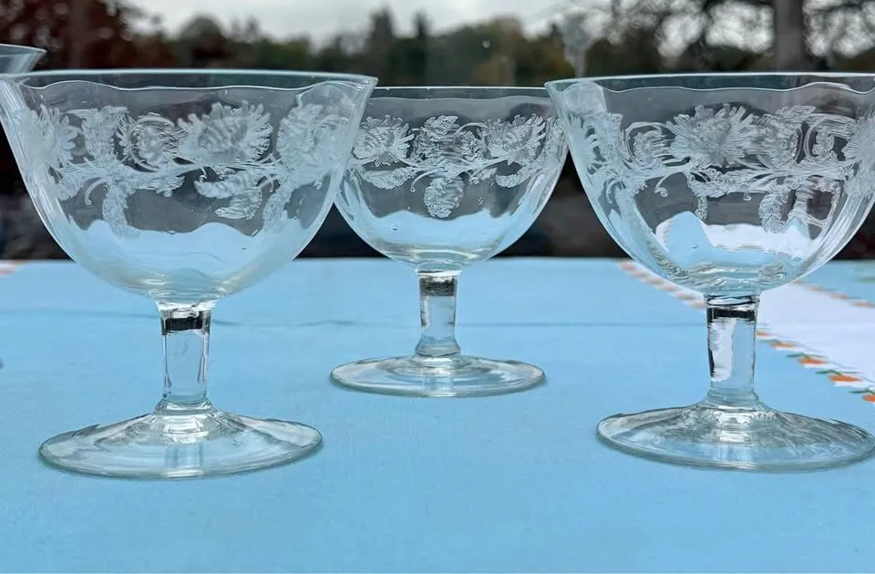 Vintage Mid-Century Etched Crystal Low Sherbet & Dessert 5 Glasses - photo 1
