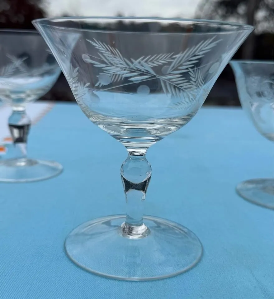 Vintage Mid-Century Etched Crystal Low Sherbet & Dessert 5 Glasses - photo 5