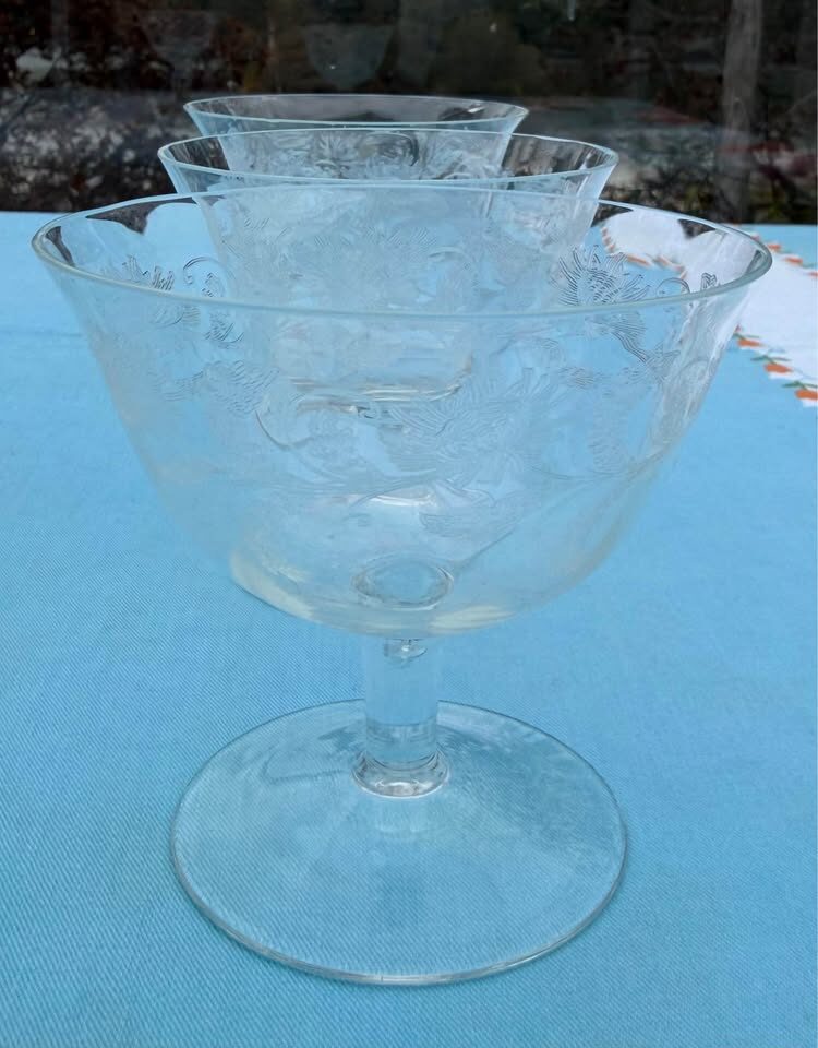 Vintage Mid-Century Etched Crystal Low Sherbet & Dessert 5 Glasses - photo 7