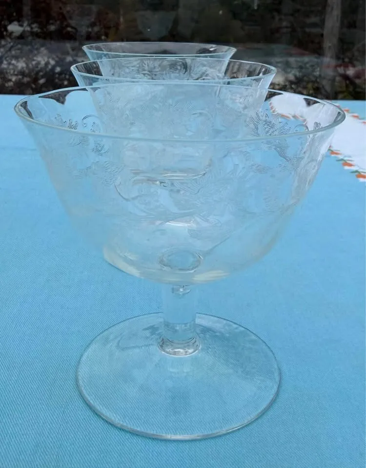 Vintage Mid-Century Etched Crystal Low Sherbet & Dessert 5 Glasses - photo 7