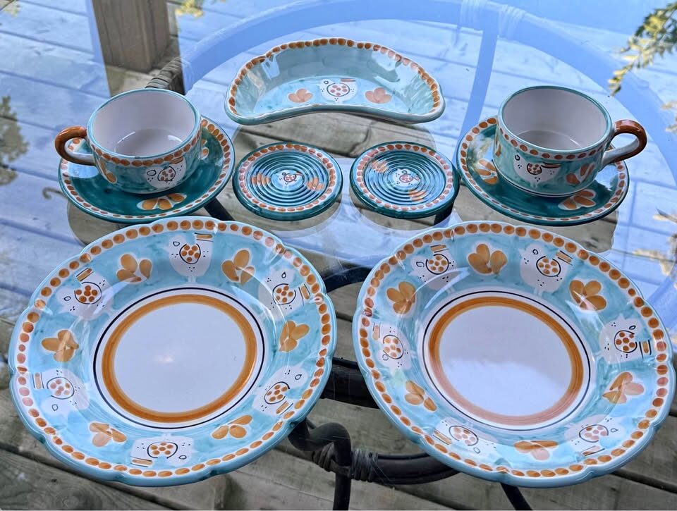 Vintage Nuova Vietri Italy 9-Pc Breakfast Set for Two - Campagna Chicken - photo 2