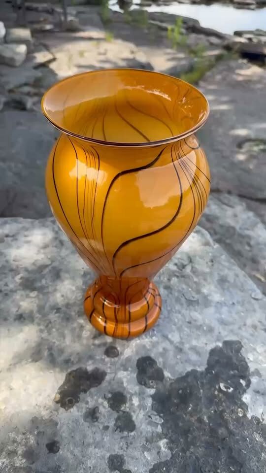 Large 14.5" Art Glass Vase - Vibrant Orange & Black Swirl