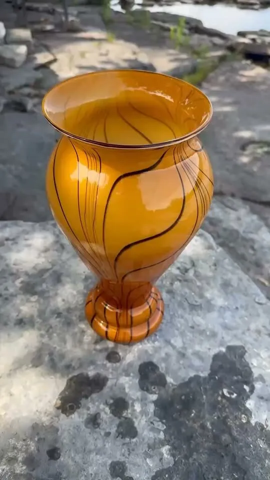 Large 14.5" Art Glass Vase - Vibrant Orange & Black Swirl - photo 1