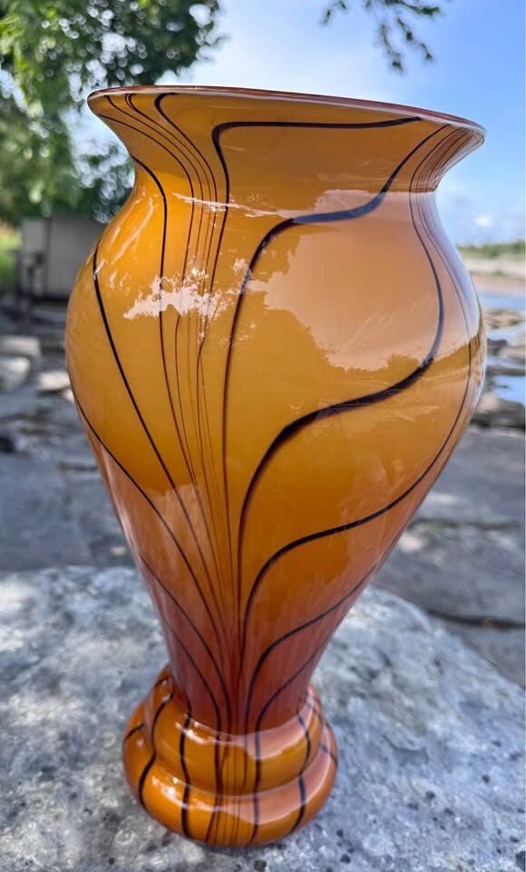 Large 14.5" Art Glass Vase - Vibrant Orange & Black Swirl - photo 2