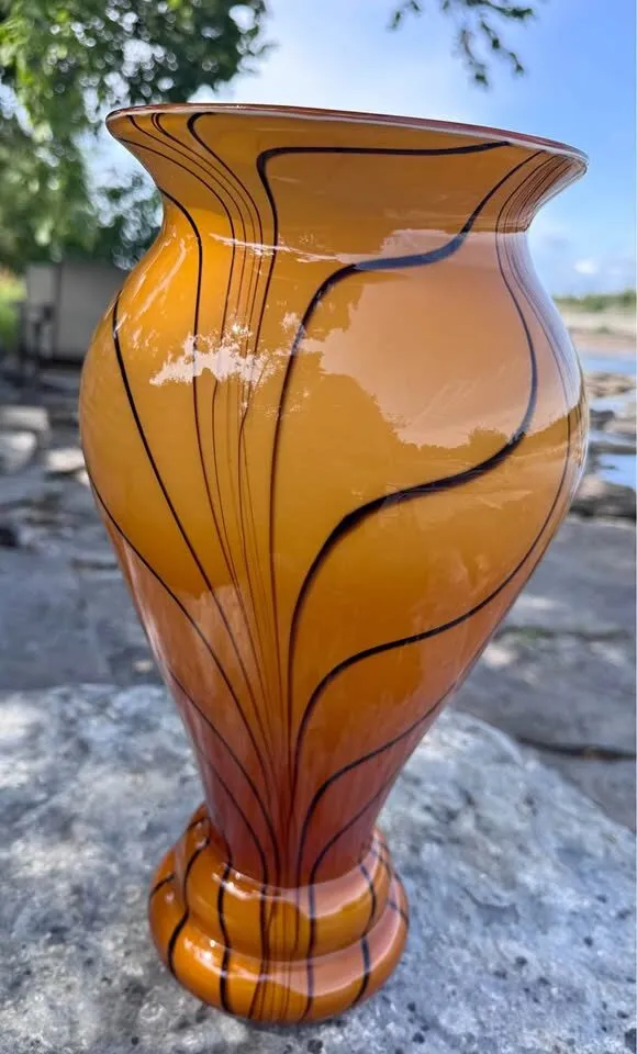 Large 14.5" Art Glass Vase - Vibrant Orange & Black Swirl - photo 2