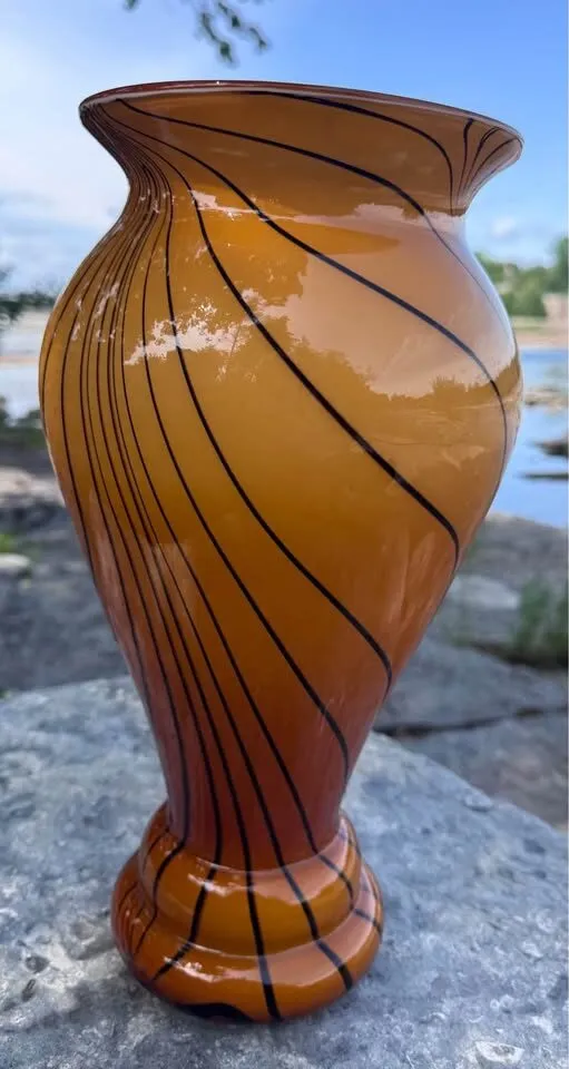 Large 14.5" Art Glass Vase - Vibrant Orange & Black Swirl - photo 6