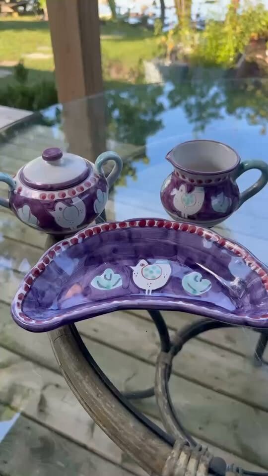 Rare Vietri Italy Purple Chicken 3-Piece Breakfast Set - Sugar and Creamer + Dish