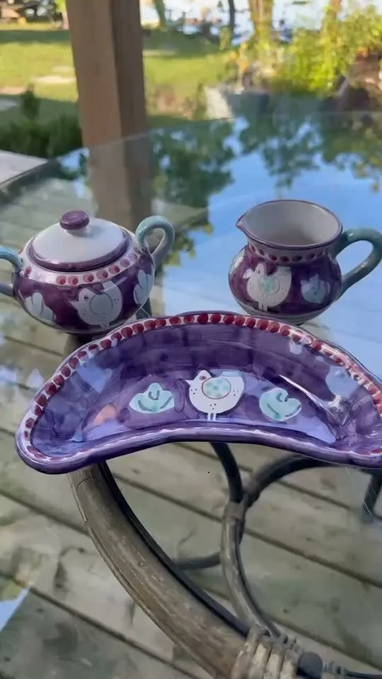 Rare Vietri Italy Purple Chicken 3-Piece Breakfast Set - Sugar and Creamer + Dish - photo 1