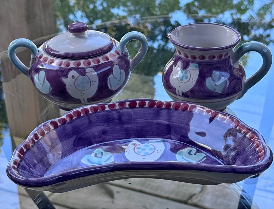 Rare Vietri Italy Purple Chicken 3-Piece Breakfast Set - Sugar and Creamer + Dish - photo 2