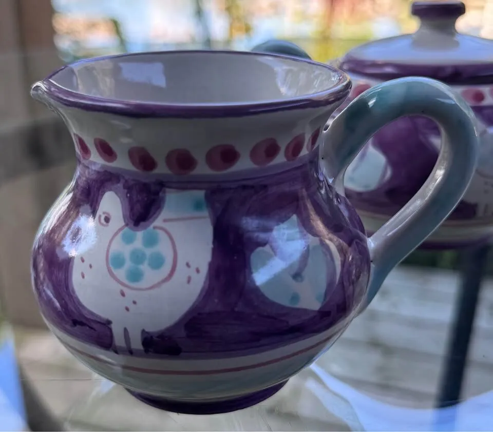 Rare Vietri Italy Purple Chicken 3-Piece Breakfast Set - Sugar and Creamer + Dish - photo 5