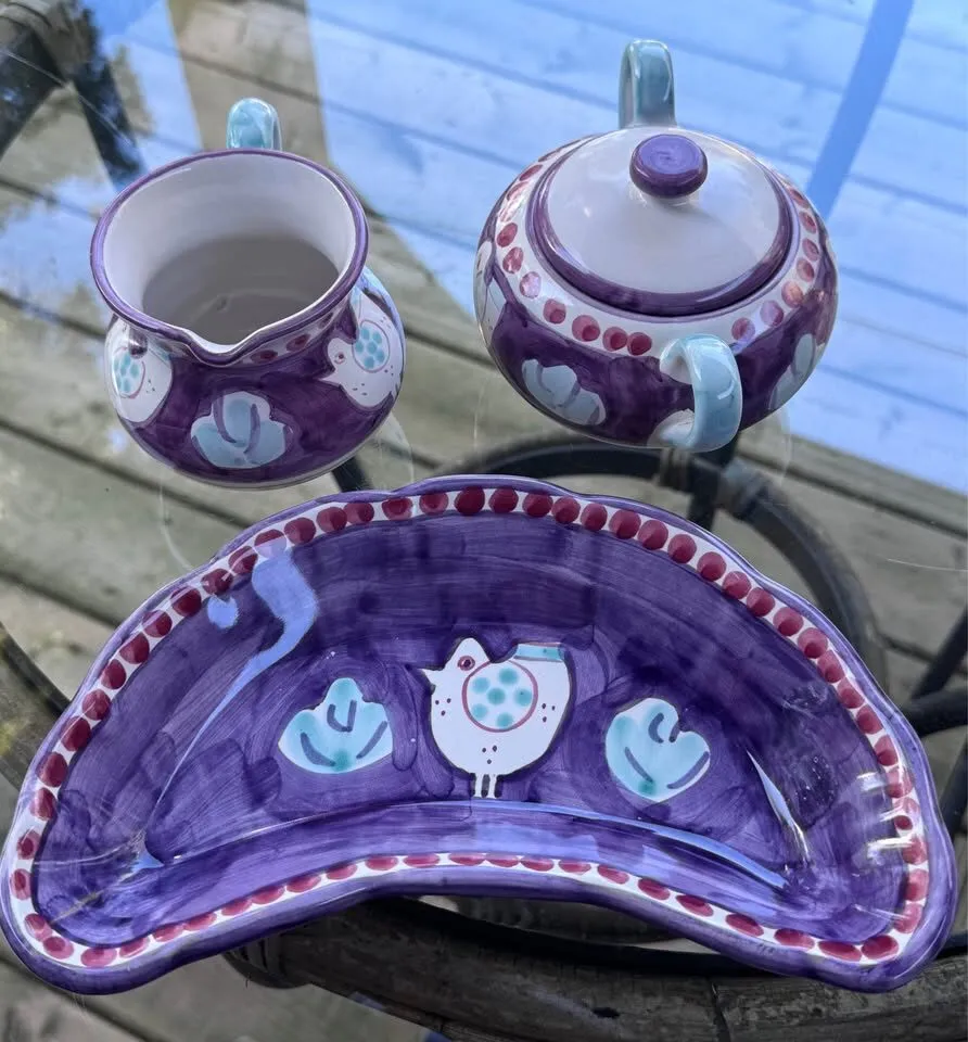 Rare Vietri Italy Purple Chicken 3-Piece Breakfast Set - Sugar and Creamer + Dish - photo 6