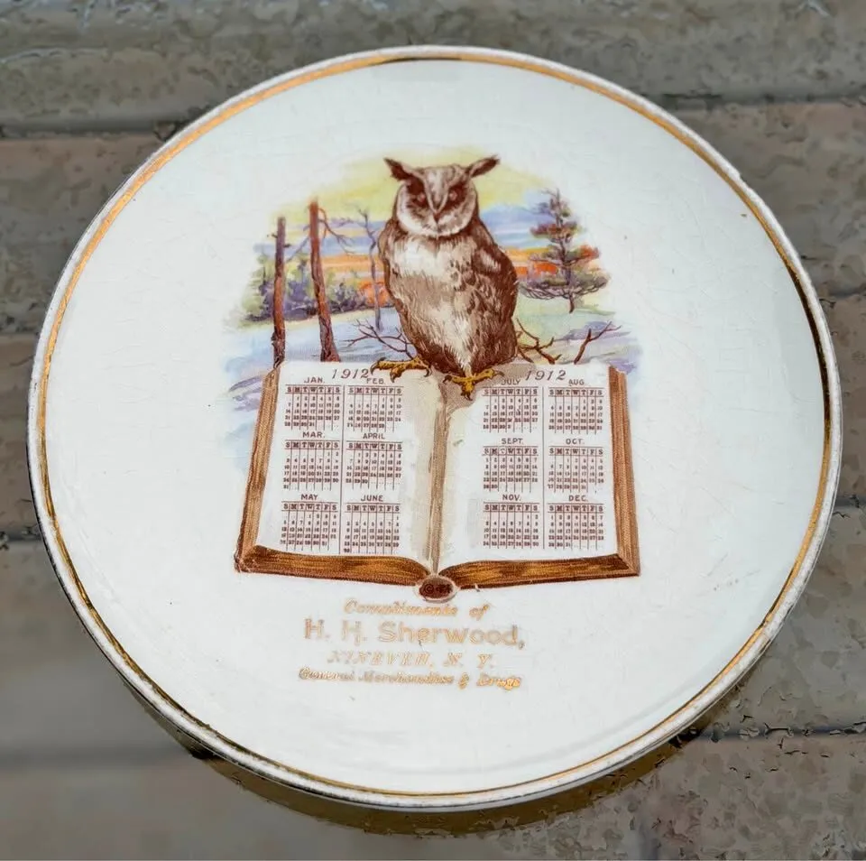 RARE 1912 Owl Calendar Plate - H.H. Sherwood NINEVEH NY Advertising - photo 1