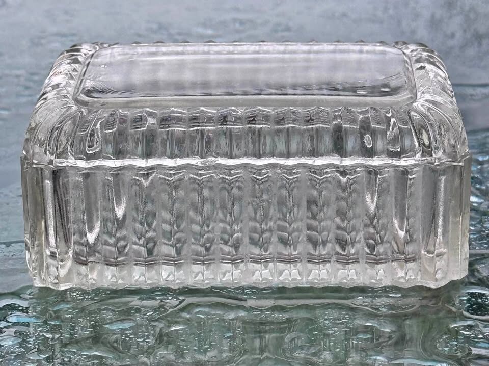 Vintage Art Deco Pressed Glass Trinket Box / Covered Butter Dish