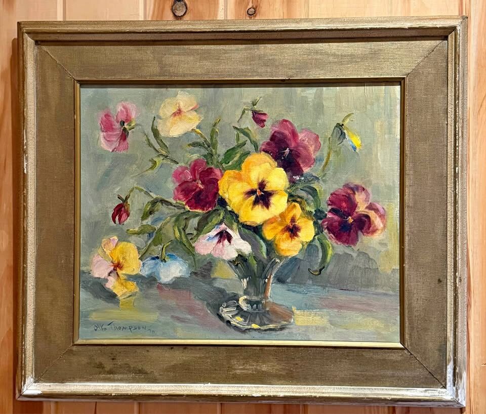 Beautiful Mid-Century Floral Oil Painting – "Pansies" by Otto Thompson (1970) - photo 1