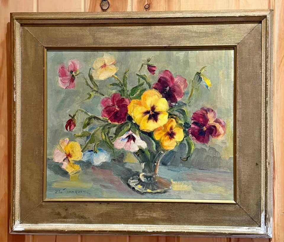 Beautiful Mid-Century Floral Oil Painting – "Pansies" by Otto Thompson (1970) - photo 1