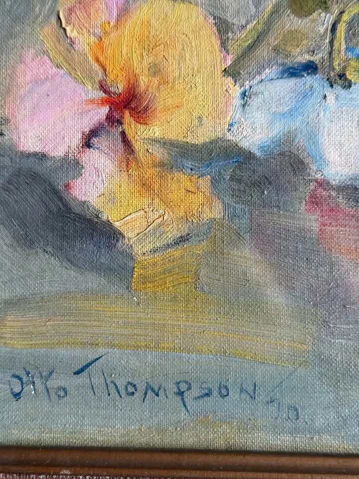 Beautiful Mid-Century Floral Oil Painting – "Pansies" by Otto Thompson (1970) - photo 2