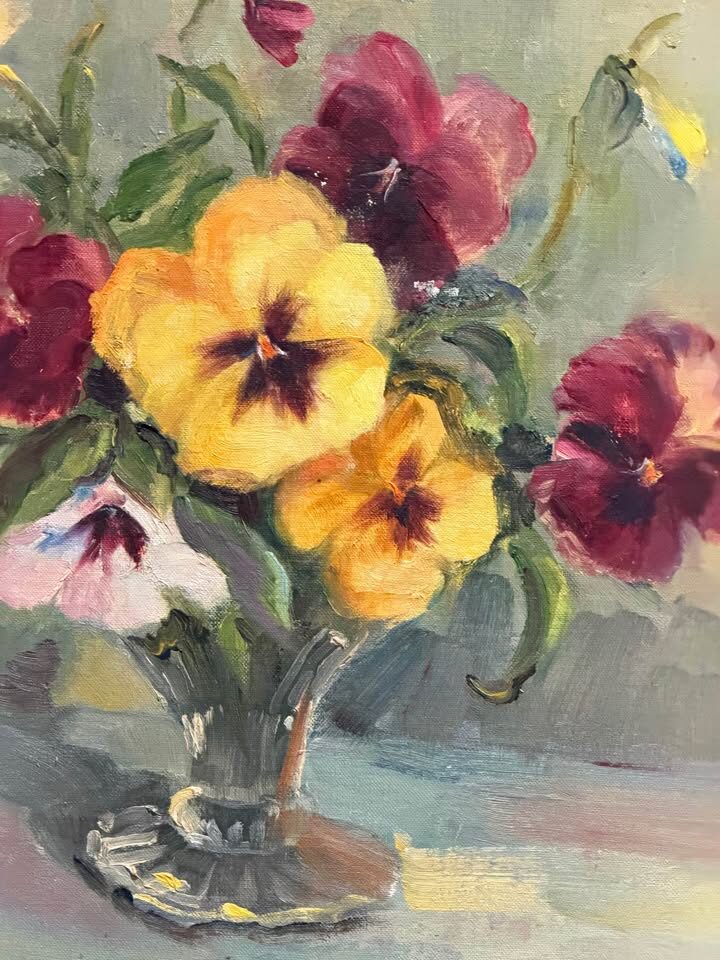 Beautiful Mid-Century Floral Oil Painting – "Pansies" by Otto Thompson (1970) - photo 3