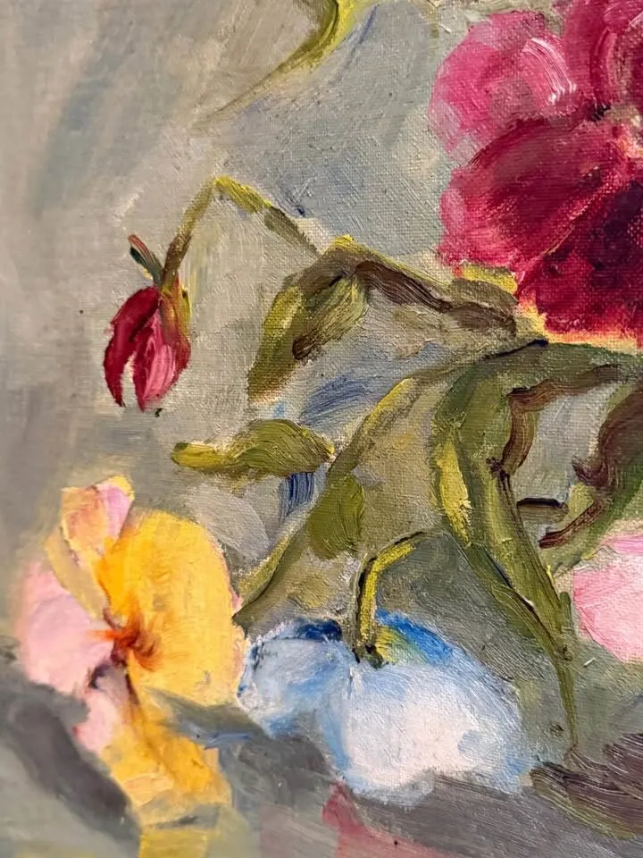 Beautiful Mid-Century Floral Oil Painting – "Pansies" by Otto Thompson (1970) - photo 4