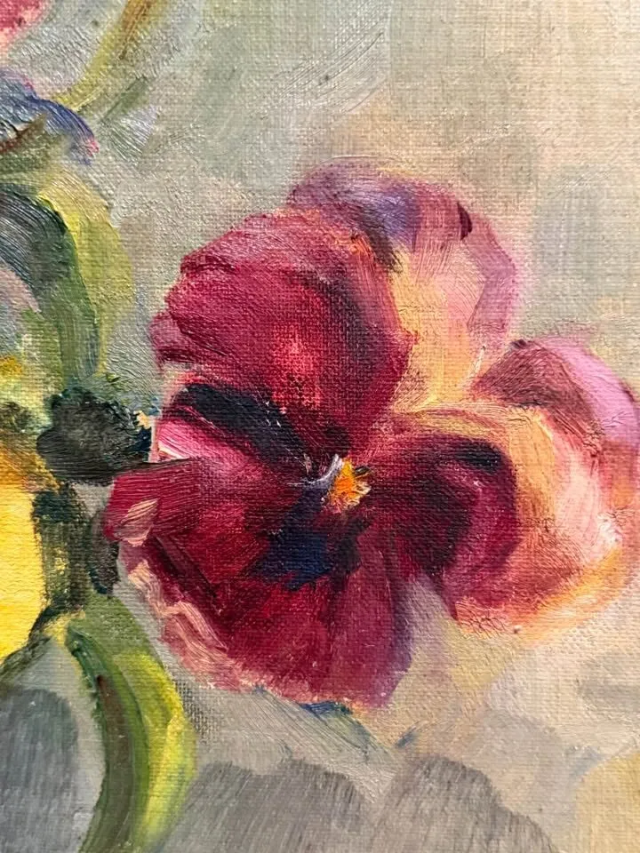 Beautiful Mid-Century Floral Oil Painting – "Pansies" by Otto Thompson (1970) - photo 6