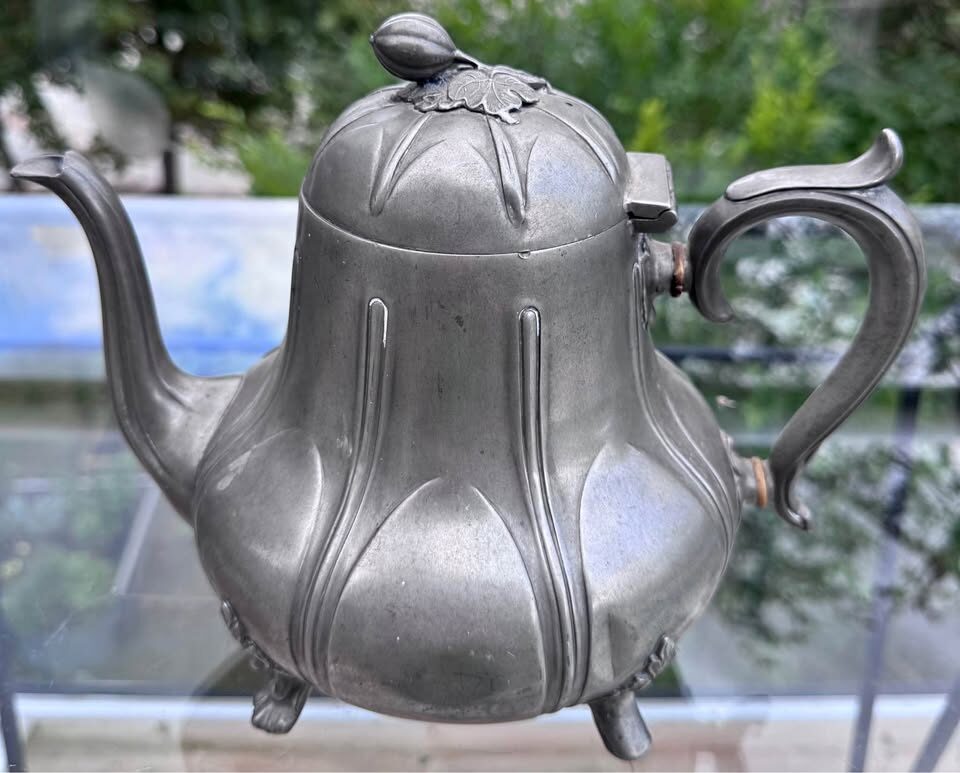 Antique 19thC Thomas Otley Sheffield Pewter Pumpkin Teapot / Unique Vase - photo 2