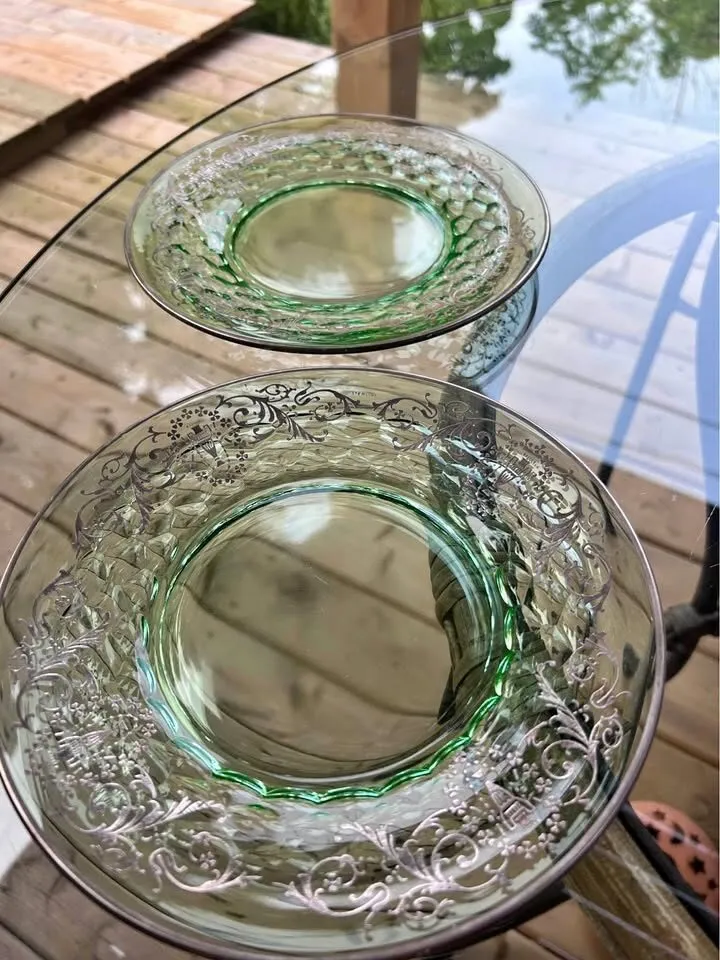 Pair of Vintage Green Depression Glass Plates with Sterling Silver Overlay - photo 1