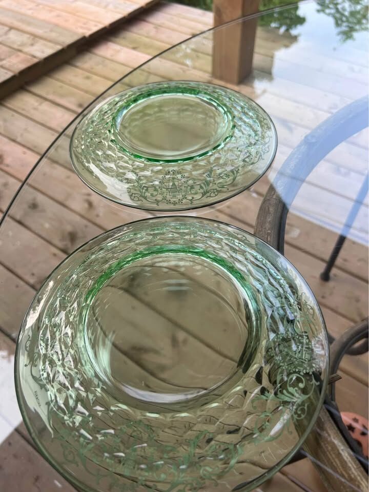 Pair of Vintage Green Depression Glass Plates with Sterling Silver Overlay - photo 2