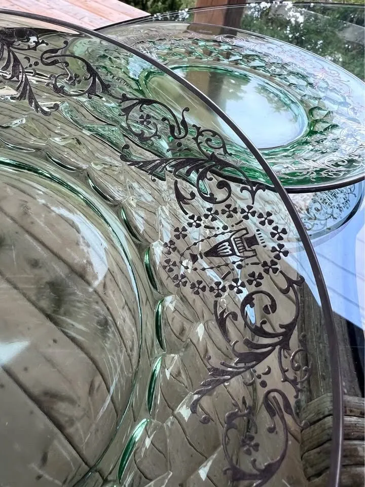 Pair of Vintage Green Depression Glass Plates with Sterling Silver Overlay - photo 4
