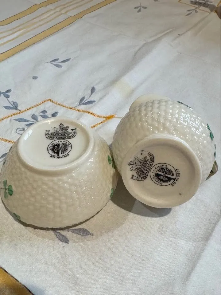 Rare Vintage Belleek Shamrock Creamer and Open Sugar Bowl, 1926-1946 - photo 5