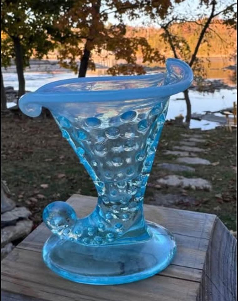 Vintage Fenton Blue Opalescent Hobnail Cornucopia Glass Vase / Candle Holder - 4" - photo 3