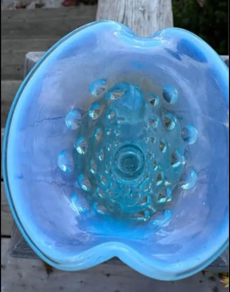 Vintage Fenton Blue Opalescent Hobnail Cornucopia Glass Vase / Candle Holder - 4" - photo 5