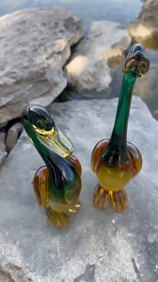Mid-Century Green & Amber Art Glass Ducks / Geese Set 9” and 11”
