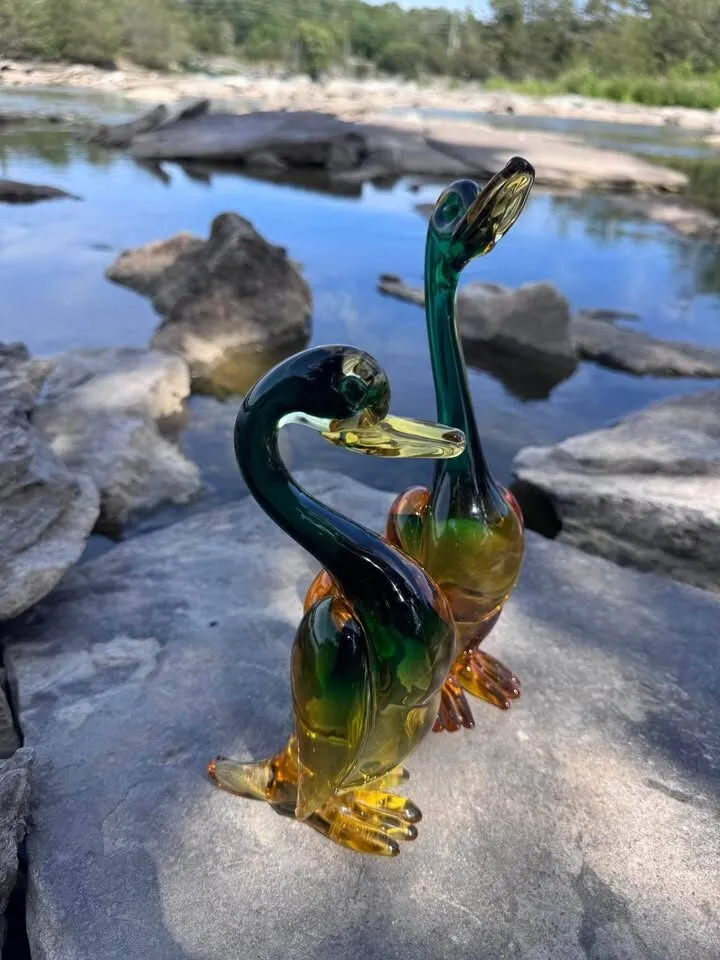 Mid-Century Green & Amber Art Glass Ducks / Geese Set 9” and 11” - photo 6