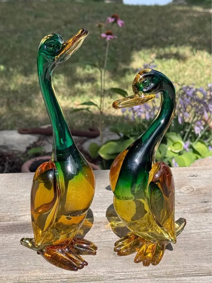 Mid-Century Green & Amber Art Glass Ducks / Geese Set 9” and 11” - photo 7