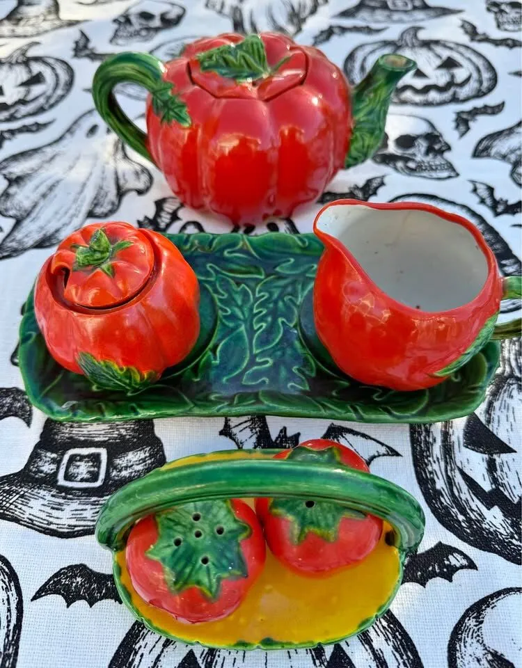 Vintage Mid-Century "Tomato Ware" / Pumpkin Ceramic Tea & Condiment Set - Made in Japan - photo 2